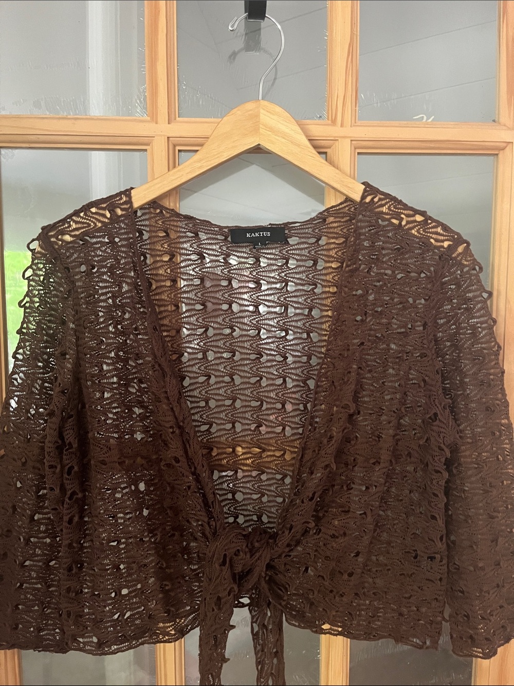 Kaktus brown tie front Open-Knit sheer cropped Cardigan Sz Large